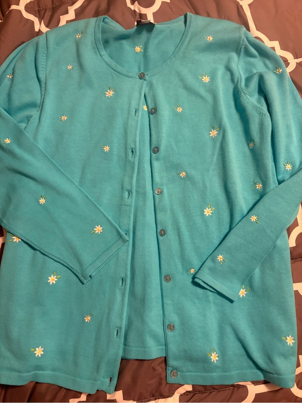 Quacker Factory Turquoise Cardigan with White & Yellow Daisy Embroidery vest